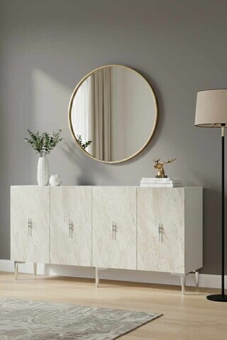 Consola, Hanah Home, Ayshe 150, 150x75x32 cm, White / Travertine / Silver