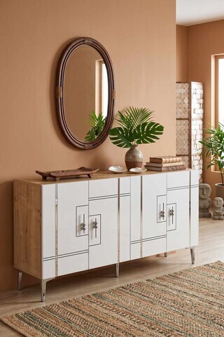 Consola, Hanah Home, Ilay 150, 150x75x32 cm, Stejar Safir / Alb / Argintiu