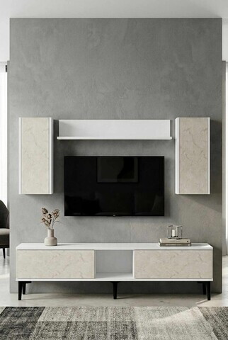 Comoda TV, Hanah Home, Didema 150, 150x40.5x30 cm, Alb / Travertin
