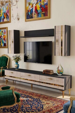 Comoda TV, Hanah Home, Ilay, 180x41x30 cm, Antracit / Travertin / Auriu