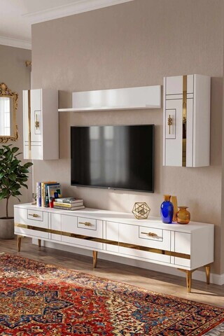 Comoda TV, Hanah Home, Ilay, 180x41x30 cm, Alb/Auriu