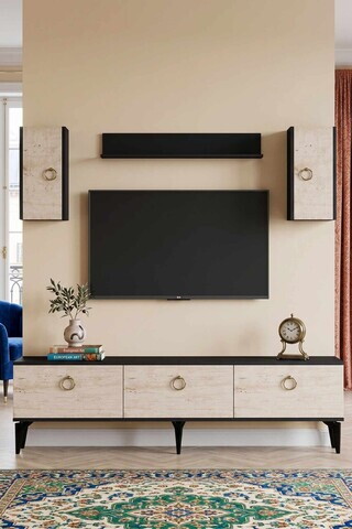 Comoda TV, Hanah Home, Demet, 180x41x30 cm, Antracit / Travertin