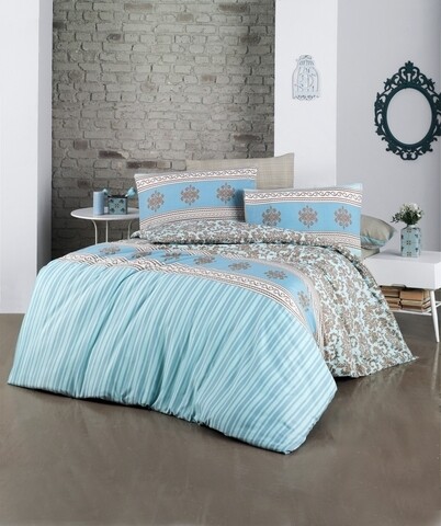Lenjerie de pat dubla, Victoria, Vera, 4 piese, amestec bumbac, albastru