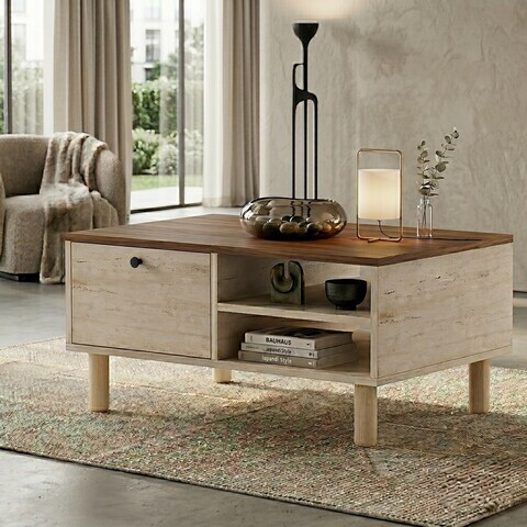 Masuta de cafea, Hanah Home, Aris, 90x38.8x60 cm, Travertin / Nuc Venezia