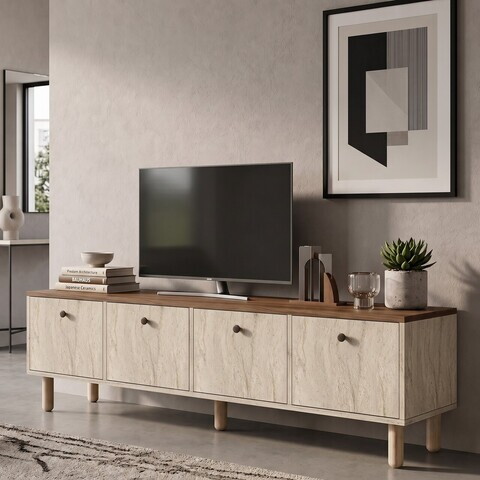 Comoda TV, Hanah Home, Pura, 180x50x40 cm, Travertin / Nuc Venezia