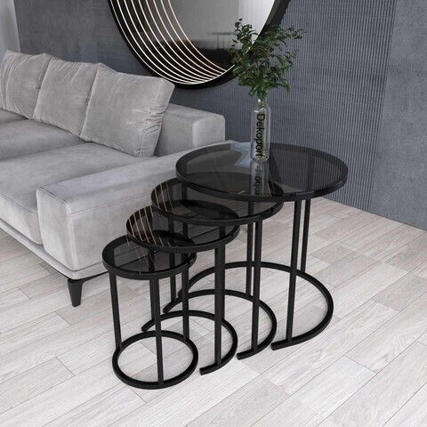 Set masute Nesting 4 piese, Hanah Home, Milas 4, Negru / Fume