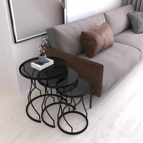 Set masute 3 piese, Hanah Home, Rüya, Negru / Fume