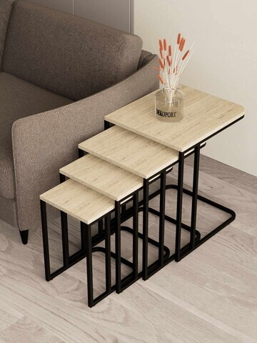 Set masute Nesting 4 piese, Hanah Home, Tekerli, Negru / Travertin