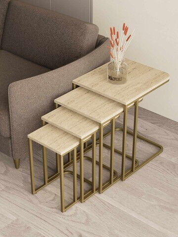 Set masute Nesting 4 piese, Hanah Home, Tekerli, Aur / Travertin