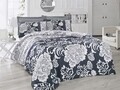 Lenjerie de pat dubla King Size, Victoria, Crista, 6 piese, 240x260 cm, 100% bumbac satinat, alb/gri