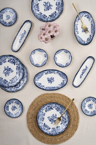 Set de mic dejun, Hermia, 667PRS1737, Portelan, Platou cu măsline: 22 x 7 cm (2 bucăți), Alb / Bleumarin