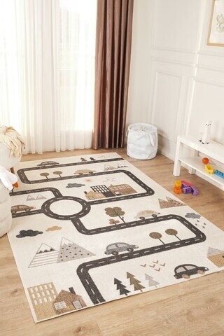 Covor, Bohem Kids Road, 160x230 cm, Poliester, Crem / Gri