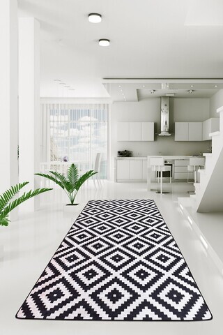 Covor, Black White Djt, 80x300 cm, Alb/Negru