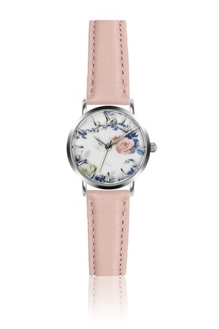Ceas pentru dama, Emily Westwood, Silver Romantic Floral Pink, piele naturala/inox, multicolor