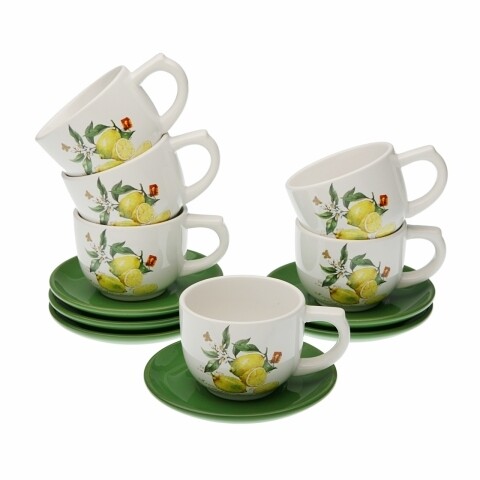 Set 6 cesti cu farfurioare pentru ceai, Versa, 200 ml, portelan, verde/galben