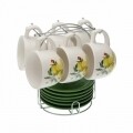 Set 6 cesti cu farfurioare pentru ceai, Versa, 200 ml, portelan, verde/galben