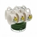 Set 6 cesti cu farfurioare pentru ceai, Versa, 200 ml, portelan, verde/galben