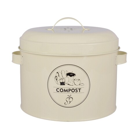 Recipient cu capac pentru compost, Esschert, 23.2 x 27 x 21.3 cm, 6.3 L, otel carbon, crem/negru