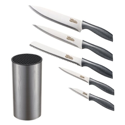 Set 6 cutite de bucatarie cu suport Grays, Vanora, inox, gri