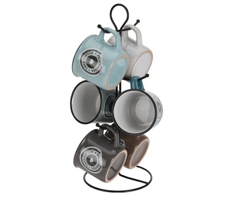 Set 6 cani + suport Free Coffee, 180 ml, ceramica, multicolor