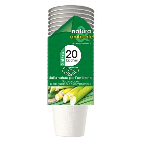 Set 20 pahare biodegradabile, Natura si ambient, 250 ml, fibra din trestie de zahar