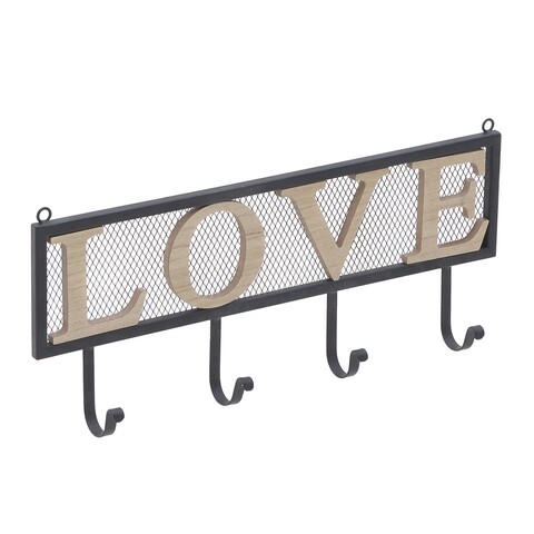 Cuier Love, InArt, 48x20 cm, 4 agatatori, fier/MDF, negru/natural