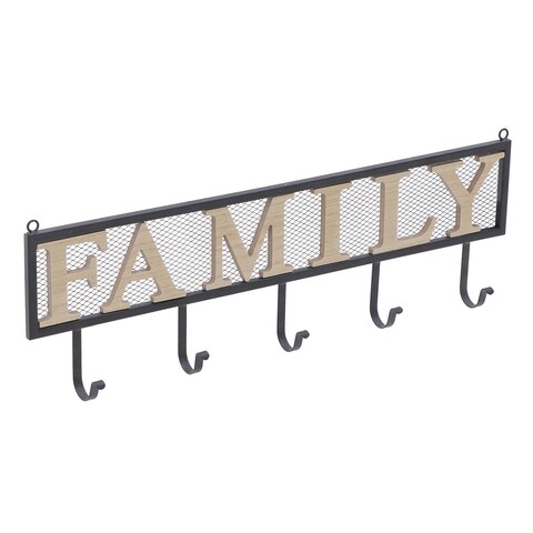 Cuier Family, InArt, 60x20 cm, 5 agatatori, fier/MDF, negru/natural