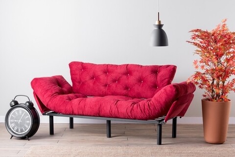 Canapea extensibila Nitta Triple, Futon, 3 locuri, 225x70 cm, metal, maroon