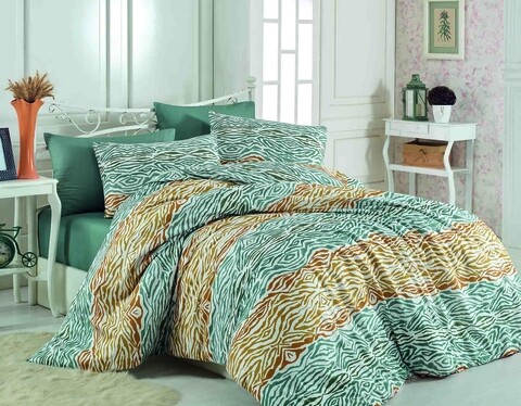 Lenjerie de pat dubla Gravur, Majoli Home Collection, 4 piese, 240x260 cm, bumbac ranforce, verde
