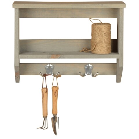 Cuier cu raft, Esschert, Shelf with hooks M, 9.7 x 39 x 28.9 cm, lemn de pin/metal