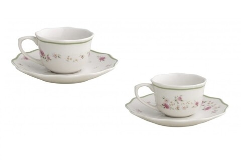 Set 2 cesti cu farfurie pentru cafea, Nonna Rosa v1, Brandani, 14x6.5 cm, portelan