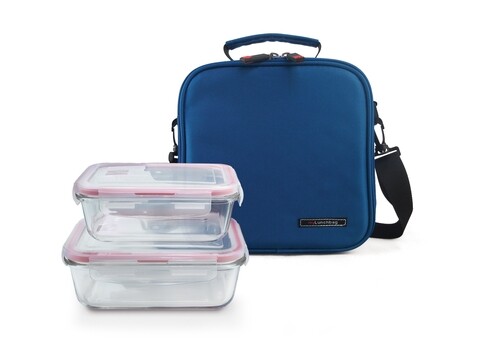 Set geanta termoizolanta si 2 caserole din sticla borosilicata 0.57 L + 0.84 L, Basic, Iris Barcelona, albastru