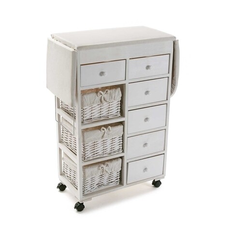 Masa de calcat pliabila cu spatiu de depozitare Versa, cu 3 cosuri si 6 sertare, 121x32x84 cm, lemn