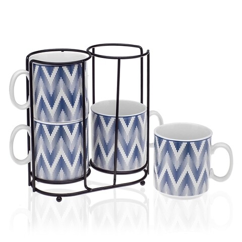 Set 4 cani cu suport Cierra, Versa, Ø10.5x8 cm, portelan, albastru