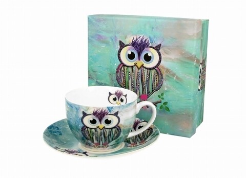 Ceasca cu farfurioara, DUO, Funky Owl, 280 ml, portelan, multicolor