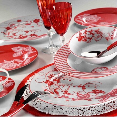 Serviciu de masa, 24 piese, Kutahya Porselen, IR24Y24308673, portelan, alb/rosu