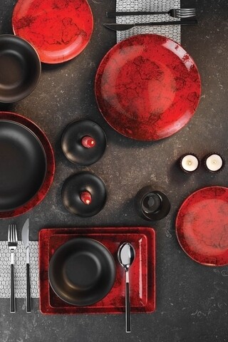 Serviciu de masa, 26 piese, Kutahya Porselen, NNTS26YS892221, portelan, negru/rosu