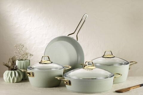 Set oale si tigai, 7 piese, Kutahya Porselen, HER07TSGRNAYSL, aluminiu/sticla, verde deschis