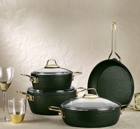 Set oale si tigai, 7 piese, Kutahya Porselen, HER07TSGRNKYSL, aluminiu/sticla, verde inchis