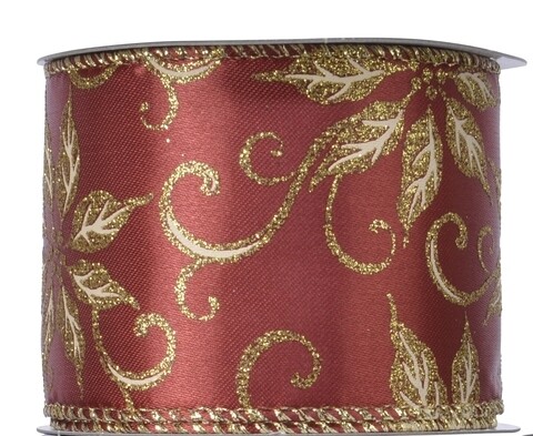 Leaf satin Szalag, Decoris 270x6,3 cm, poliészter, piros / arany