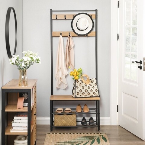 Cuier cu bancheta si pantofar, Vasagle, 70 x 32 x 175 cm, otel/PAL,  mango yellow