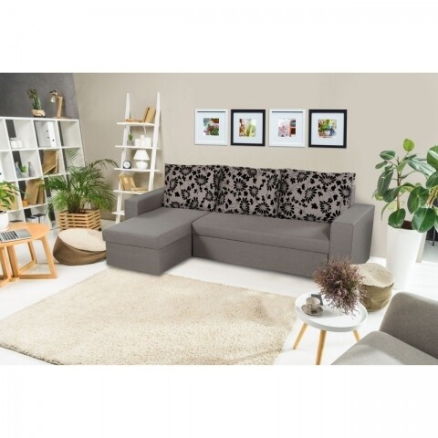 Colțar extensibil reversibil Oslo Grey Black Flower Bedora 247x148x78 cm cu ladă de depozitare
