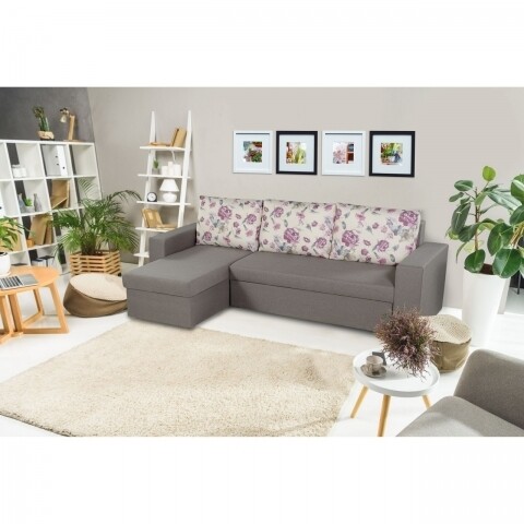 Coltar extensibil reversibil Oslo Grey Purple Flower Bedora, cu lada de depozitare, 247x148x78 cm