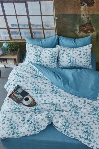 Lenjerie de pat dubla, Blue Butterflies, 4 piese, policoton, multicolor