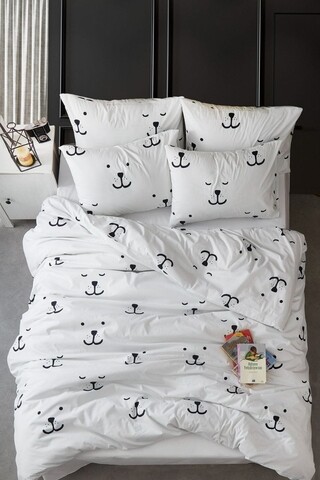 Lenjerie de pat dubla, Cute Face, 4 piese, policoton, alb/negru