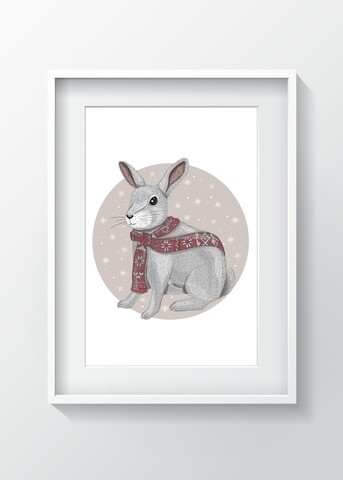 Tablou decorativ Rabbit w scarf, Oyo Kids, 29x24 cm, lemn/MDF, multicolor