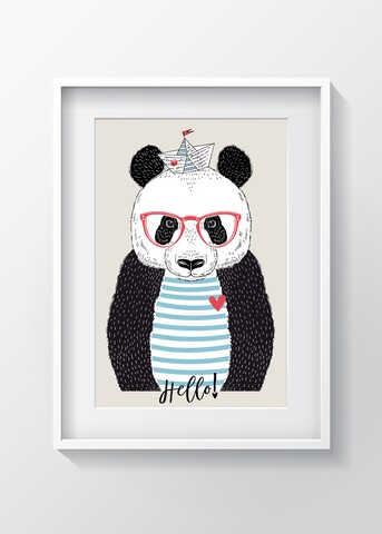 Tablou decorativ Panda w boat hat, Oyo Kids, 29x24 cm, lemn/MDF, multicolor