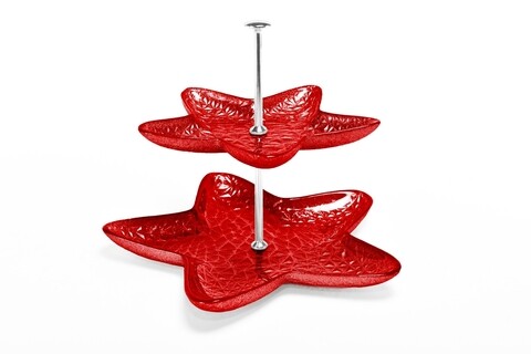 Platou etajat pentru prajituri Sky, Mercury, 30/23 cm, sticla, rosu