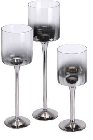 Set 3 suporturi pentru lumanari Streight, sticla, argintiu