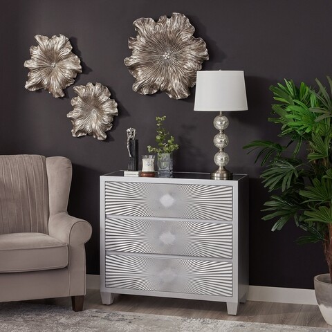 Comoda cu 3 sertare, Ariana, L.92 l.40 H.85, mdf/sticla, argintiu